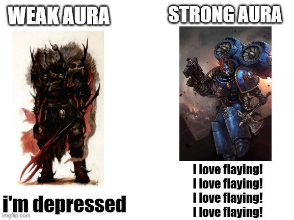 WEAK AURA i'm depressed imgflip.com STRONG AURA I love flaying! I love flaying! I love flaying! I love flaying!