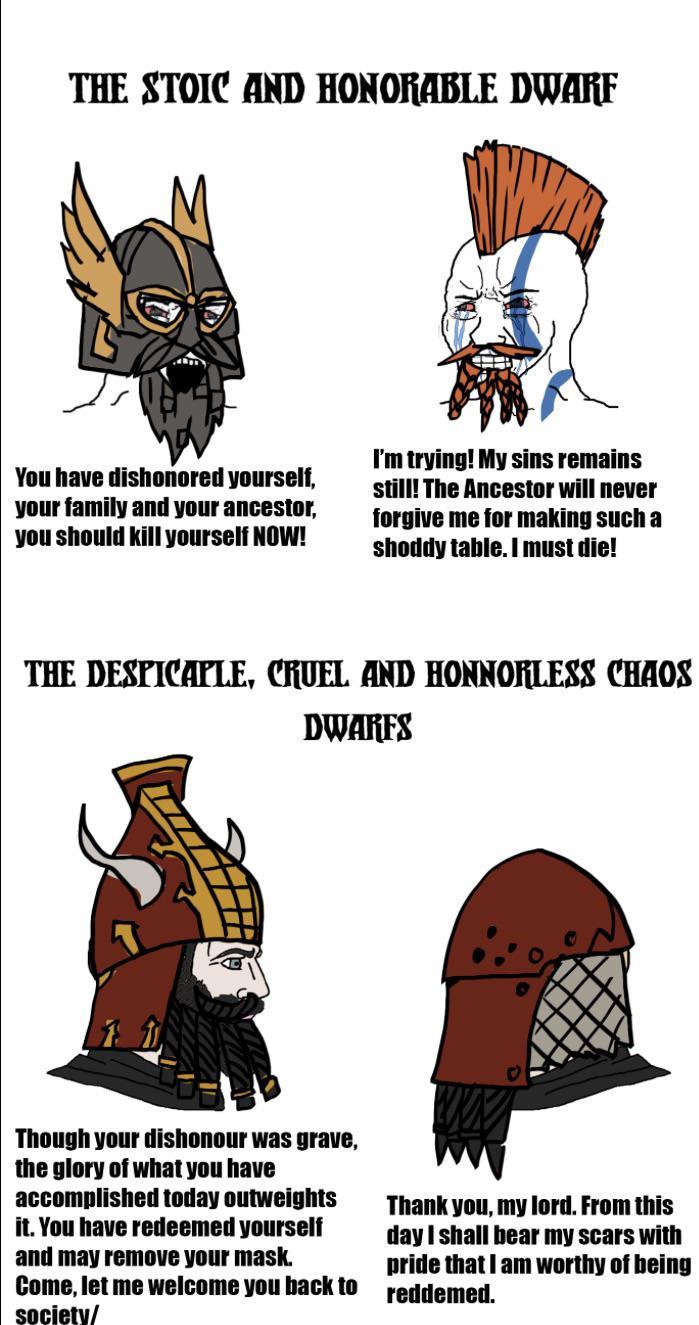 THE STOIC AND HONORABLE DWARF You have dishonored yourself, your family and your ancestor, you should kill yourself NOW! I'm trying! My sins remains still! The Ancestor will never forgive me for making such a shoddy table. I must die! THE DESPICAPLE, CRUEL AND HONNORLESS CHAOS DWARFS Though your dishonour was grave, the glory of what you have accomplished today outweights it. You have redeemed yourself and may remove your mask. Come, let me welcome you back to Society/ Thank you, my lord. From this day I shall bear my scars with pride that I am worthy of being reddemed.