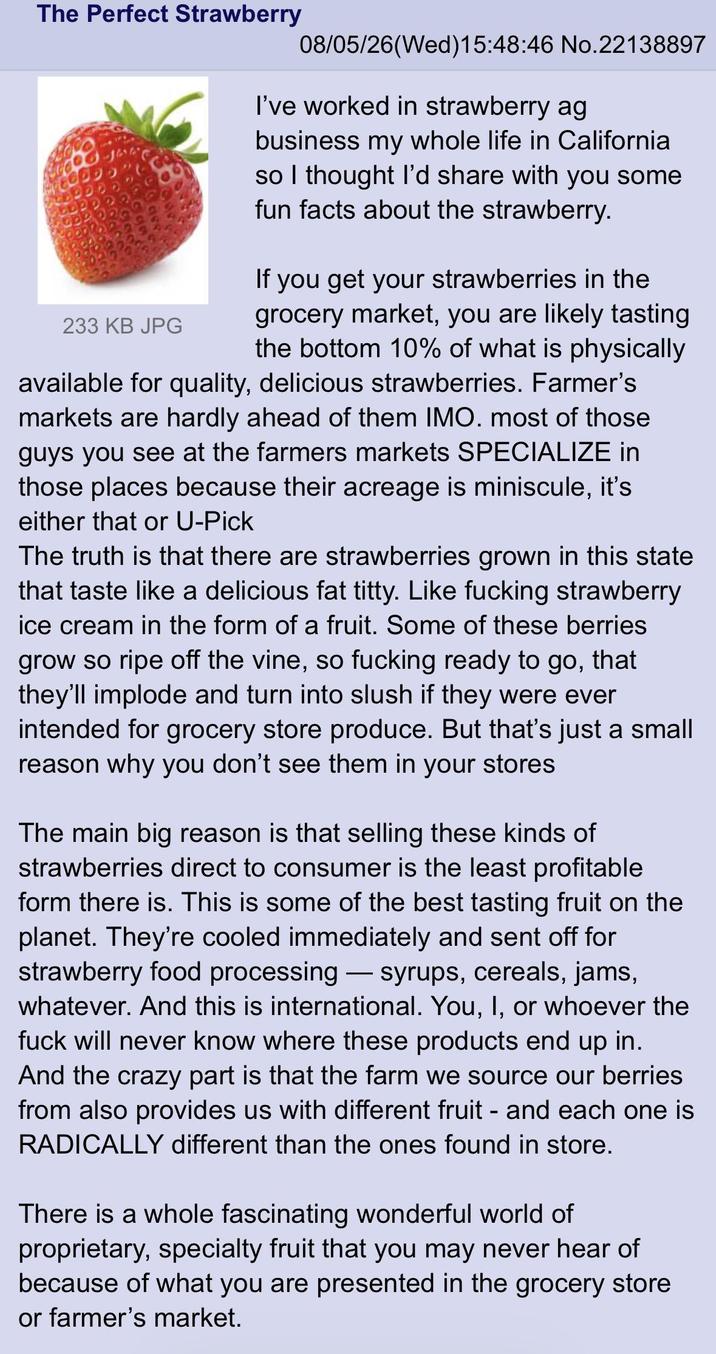 The Perfect Strawberry 233 KB JPG 08/05/26(Wed)15:48:46 No.22138897 I've worked in strawberry ag business my whole life in California so I thought I'd share with you some fun facts about the strawberry. If you get your strawberries in the grocery market, you are likely tasting the bottom 10% of what is physically available for quality, delicious strawberries. Farmer's markets are hardly ahead of them IMO. most of those guys you see at the farmers markets SPECIALIZE in those places because their acreage is miniscule, it's either that or U-Pick The truth is that there are strawberries grown in this state that taste like a delicious fat t----. Like f------ strawberry ice cream in the form of a fruit. Some of these berries grow so ripe off the vine, so f------ ready to go, that they'll implode and turn into slush if they were ever intended for grocery store produce. But that's just a small reason why you don't see them in your stores The main big reason is that selling these kinds of strawberries direct to consumer is the least profitable form there is. This is some of the best tasting fruit on the planet. They're cooled immediately and sent off for strawberry food processing - syrups, cereals, jams, whatever. And this is international. You, I, or whoever the f--- will never know where these products end up in. And the crazy part is that the farm we source our berries from also provides us with different fruit - and each one is RADICALLY different than the ones found in store. There is a whole fascinating wonderful world of proprietary, specialty fruit that you may never hear of because of what you are presented in the grocery store or farmer's market.