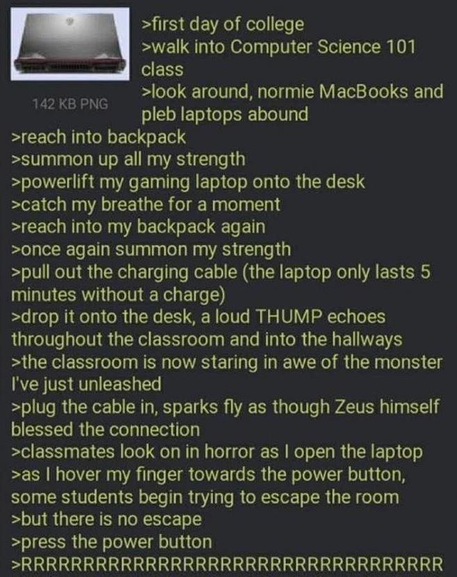 142 KB PNG >first day of college >walk into Computer Science 101 class >look around, normie MacBooks and pleb laptops abound >reach into backpack >summon up all my strength >powerlift my gaming laptop onto the desk >catch my breathe for a moment >reach into my backpack again >once again summon my strength >pull out the charging cable (the laptop only lasts 5 minutes without a charge) >drop it onto the desk, a loud THUMP echoes throughout the classroom and into the hallways >the classroom is now staring in awe of the monster I've just unleashed >plug the cable in, sparks fly as though Zeus himself blessed the connection >classmates look on in horror as I open the laptop >as I hover my finger towards the power button, some students begin trying to escape the room >but there is no escape >press the power button >RRRRRRRRRRRRRRRRRRRRRRRRRRRRRRRRRR