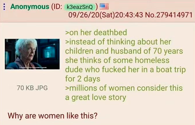 Anonymous (ID: k3eazSnQ) 70 KB JPG 09/26/20(Sat)20:43:43 No.279414971 >on her deathbed >instead of thinking about her children and husband of 70 years she thinks of some homeless dude who f----- her in a boat trip for 2 days >millions of women consider this a great love story Why are women like this?