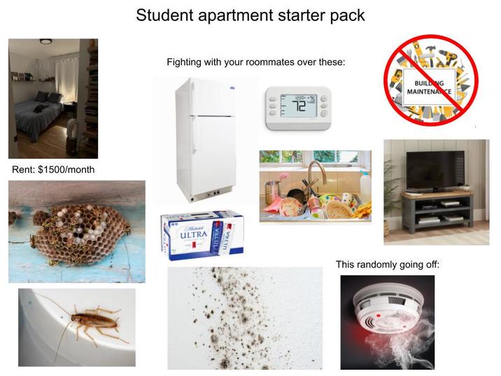 Rent: $1500/month Student apartment starter pack Fighting with your roommates over these: ULTRA ULTRA ULTRA 000 T--- 12 000 BUILDING MAINTENANCE This randomly going off: