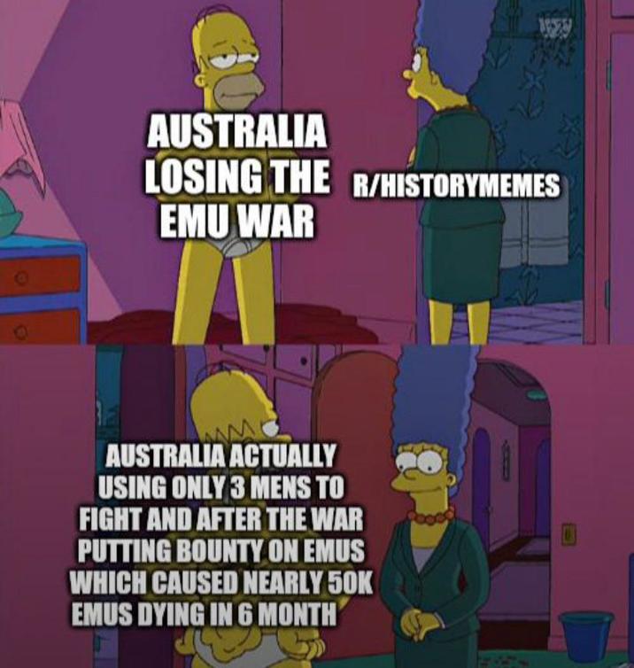 AUSTRALIA LOSING THE R/HISTORYMEMES EMU WAR AUSTRALIA ACTUALLY USING ONLY 3 MENS TO FIGHT AND AFTER THE WAR PUTTING BOUNTY ON EMUS WHICH CAUSED NEARLY 50K EMUS DYING IN 6 MONTH 回