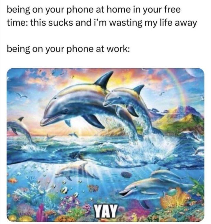 being on your phone at home in your free time: this sucks and i'm wasting my life away being on your phone at work: YAY