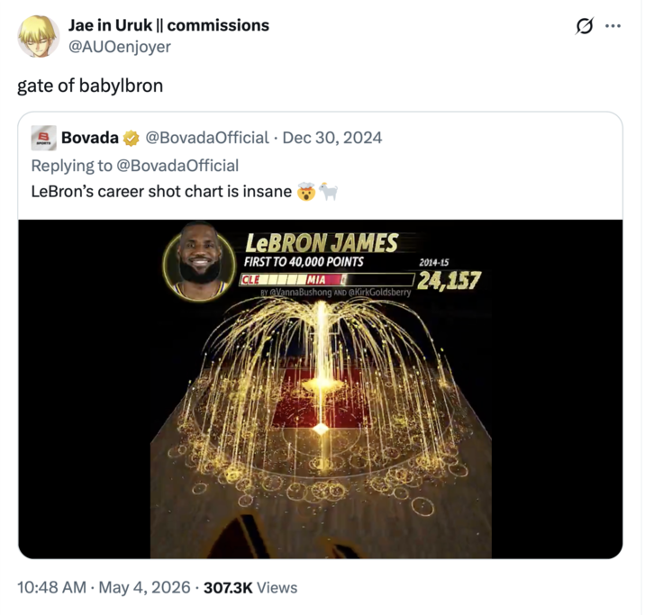 Jae in Uruk || commissions @AUOenjoyer gate of babylbron B Bovada @Bovada Official Dec 30, 2024 SPORTS Replying to @BovadaOfficial • LeBron's career shot chart is insane LEBRON JAMES FIRST TO 40,000 POINTS CLE MIA BY @VannaBushong AND @KirkGoldsberry 2014-15 24,157 10:48 AM May 4, 2026 307.3K Views ...