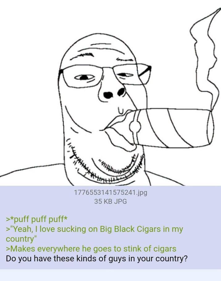 1776553141575241.jpg 35 KB JPG >*puff puff puff* >"Yeah, I love sucking on Big Black Cigars in my country" >Makes everywhere he goes to stink of cigars Do you have these kinds of guys in your country?
