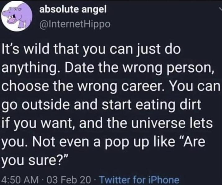 absolute angel @InternetHippo It's wild that you can just do anything. Date the wrong person, choose the wrong career. You can go outside and start eating dirt if you want, and the universe lets you. Not even a pop up like "Are you sure?" 4:50 AM - 03 Feb 20⚫ Twitter for iPhone