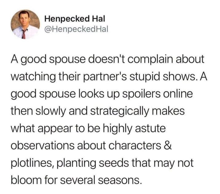 Henpecked Hal @Henpecked Hal A good spouse doesn't complain about watching their partner's stupid shows. A good spouse looks up spoilers online then slowly and strategically makes what appear to be highly astute observations about characters & plotlines, planting seeds that may not bloom for several seasons.