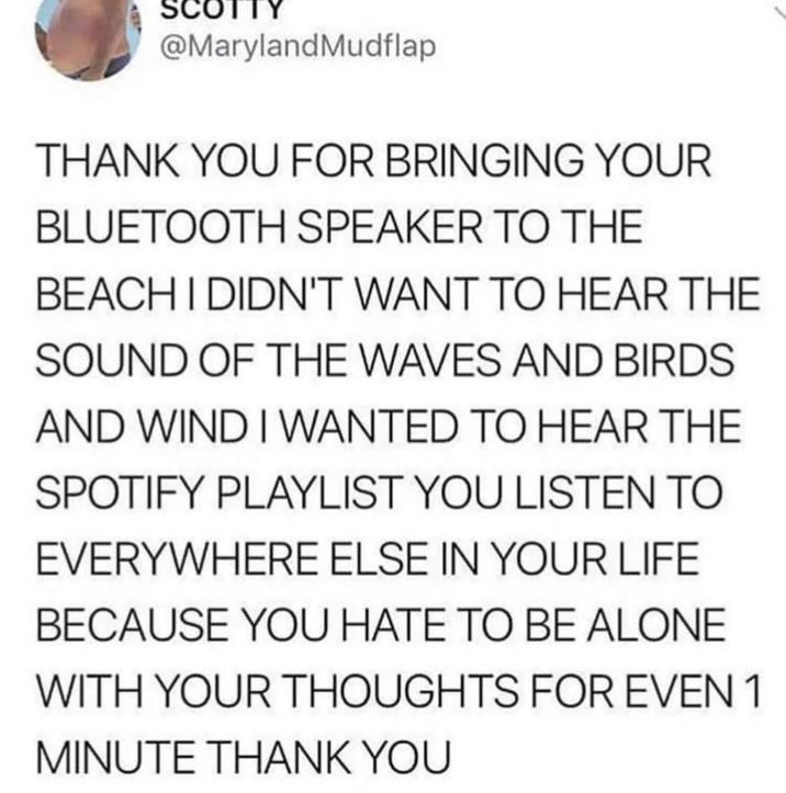 SC @Maryland Mudflap THANK YOU FOR BRINGING YOUR BLUETOOTH SPEAKER TO THE BEACH I DIDN'T WANT TO HEAR THE SOUND OF THE WAVES AND BIRDS AND WIND I WANTED TO HEAR THE SPOTIFY PLAYLIST YOU LISTEN TO EVERYWHERE ELSE IN YOUR LIFE BECAUSE YOU HATE TO BE ALONE WITH YOUR THOUGHTS FOR EVEN 1 MINUTE THANK YOU