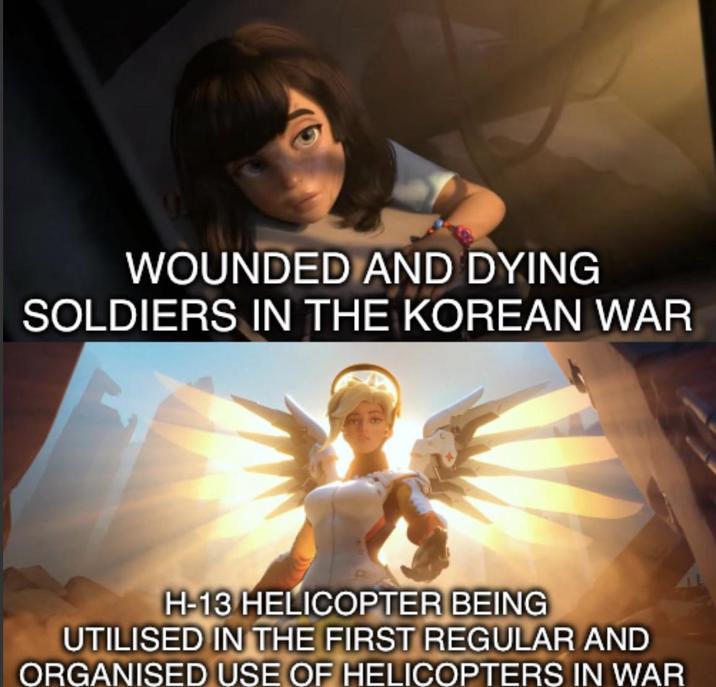 WOUNDED AND DYING SOLDIERS IN THE KOREAN WAR H-13 HELICOPTER BEING UTILISED IN THE FIRST REGULAR AND ORGANISED USE OF HELICOPTERS IN WAR