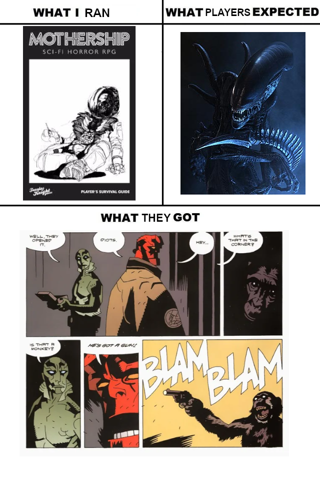WHAT I RAN MOTHERSHIP SCI-FI HORROR RPG Tuesdat PLAYER'S SURVIVAL GUIDE WHAT PLAYERS EXPECTED WHAT THEY GOT WELL, THEY IT. IDIOTS THAT R MONKEY HEY WHAT'S THAT IN THE CORNER? HE'S GOT A GUN! 21AM BLAM