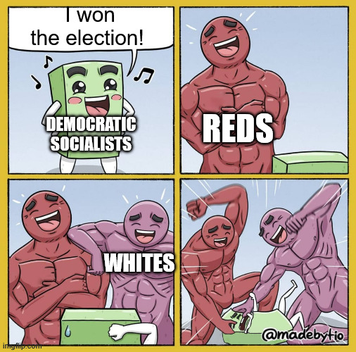 won the election! DEMOCRATIC REDS SOCIALISTS D ingflip.com G WHITES @madebytio