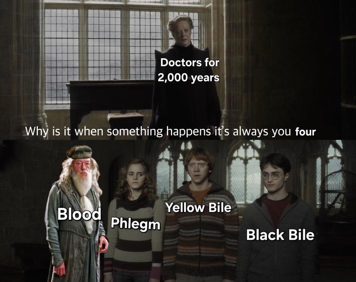 Doctors for 2,000 years Why is it when something happens it's always you four Blood Phlegm Yellow Bile Black Bile