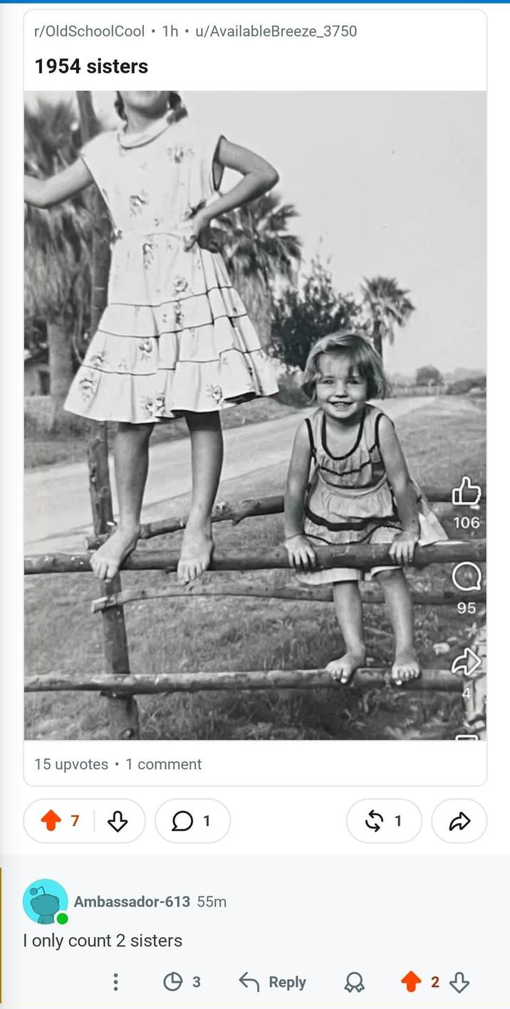 • • r/OldSchoolCool ⚫ 1h ⚫ u/Available Breeze_3750 1954 sisters 934 15 upvotes 1 comment 7 凸 106 95 1 $ 1 D Ambassador-613 55m I only count 2 sisters Өз ← Reply 23