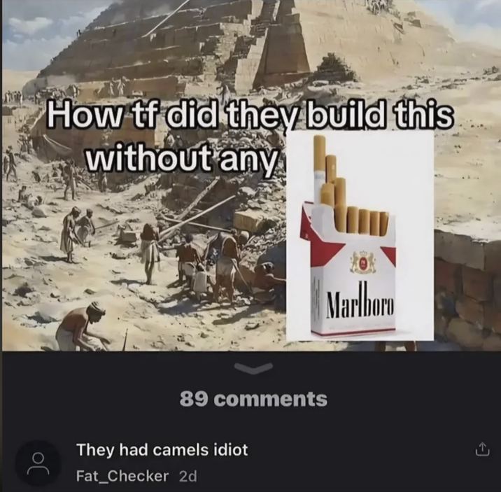 How tf did they build this without any ос Marlboro 89 comments They had camels idiot Fat Checker 2d
