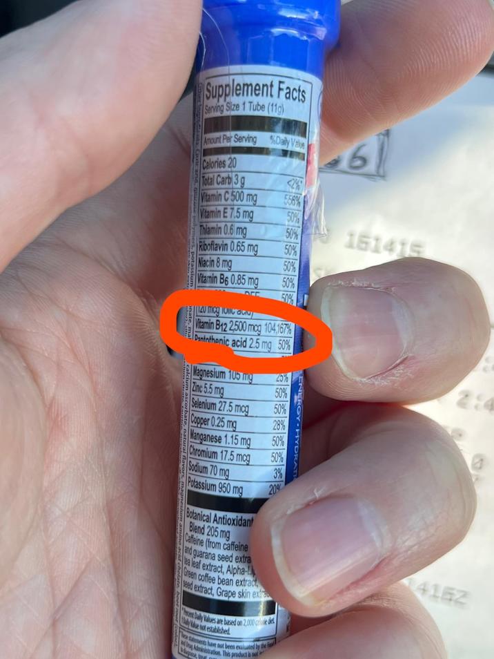 Supplement Facts Serving Size 1 Tube (11g) Amount Per Serving % Daily Value Calories 20 61 Total Carb 3g Vitamin C 500 mg Vitamin E 7.5 mg 50% Thiamin 0.6 mg 50% 161415 Riboflavin 0.65 mg 50% Niacin 8 mg 50% Vitamin B6 0.85 mg 50% 50% 120 mcg folic acity Vitamin B12 2,500 mcg 104,167% Dantothenic acid 2.5 mg 50% Magnesium 105 mg 25% Zinc 5.5 mg 50% 234 Selenium 27.5 mcg 50% Copper 0.25 mg 28% Manganese 1.15 mg 50% Chromium 17.5 mcg 50% Sodium 70 mg 3% Potassium 950 mg 20% Botanical Antioxidant Blend 205 mg Caffeine (from caffeine and guarana seed extra lea leaf extract, Alpha- Green coffee bean extract, seed extract, Grape skin extra "Percent Daily Values are based on 2,000 calorie diet Daly Value not established The statements have not been evaluated by the fa nd Drug Administration. This product is not k dagnose, treat 4162