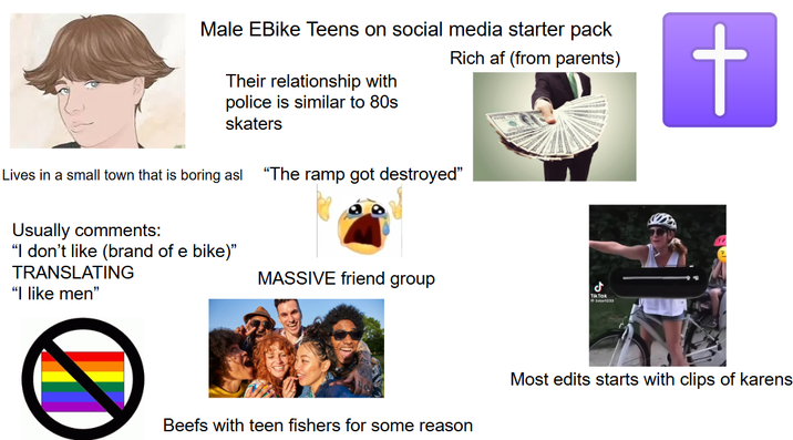 Male EBike Teens on social media starter pack Their relationship with police is similar to 80s skaters Lives in a small town that is boring asl Rich af (from parents) "The ramp got destroyed" Usually comments: + MASSIVE friend group TikTok Beefs with teen fishers for some reason Most edits starts with clips of karens "I don't like (brand of e bike)" TRANSLATING "I like men" H