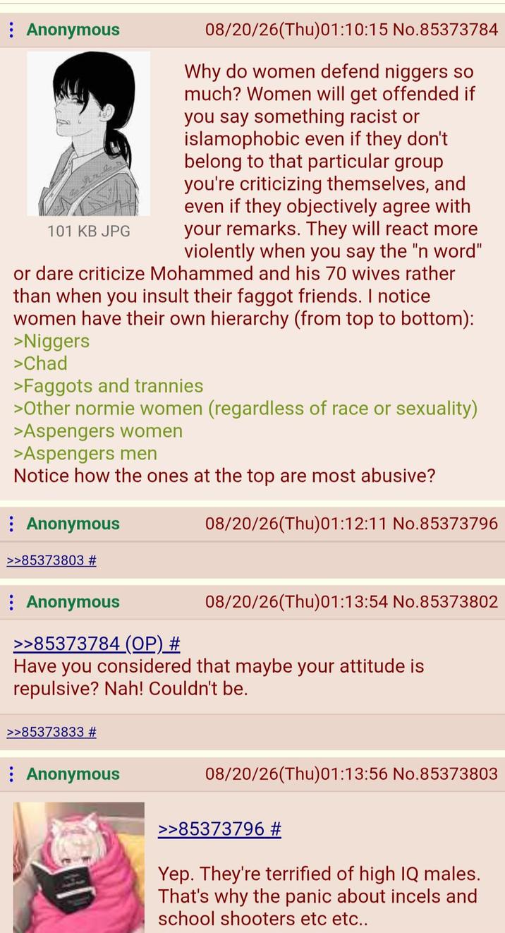 : Anonymous 08/20/26(Thu)01:10:15 No.85373784 Why do women defend n------ so much? Women will get offended if you say something racist or islamophobic even if they don't belong to that particular group you're criticizing themselves, and even if they objectively agree with your remarks. They will react more violently when you say the "n word" or dare criticize Mohammed and his 70 wives rather than when you insult their f----- friends. I notice women have their own hierarchy (from top to bottom): >N------ 101 KB JPG >Chad >F------ and trannies >Other normie women (regardless of race or sexuality) >Aspengers women >Aspengers men Notice how the ones at the top are most abusive? : Anonymous >>85373803 # 08/20/26(Thu)01:12:11 No.85373796 Anonymous >>85373784 (OP) # 08/20/26(Thu)01:13:54 No.85373802 Have you considered that maybe your attitude is repulsive? Nah! Couldn't be. >>85373833 # Anonymous 08/20/26(Thu)01:13:56 No.85373803 >>85373796 # Yep. They're terrified of high IQ males. That's why the panic about incels and school shooters etc etc..