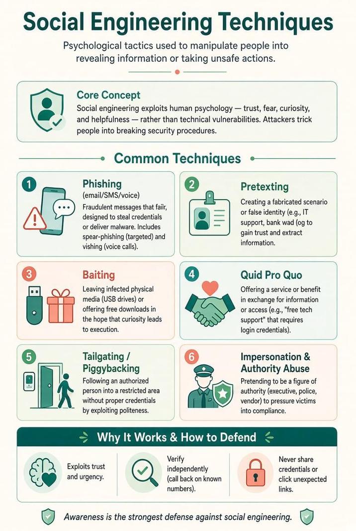 Social Engineering Techniques Psychological tactics used to manipulate people into revealing information or taking unsafe actions. Core Concept Social engineering exploits human psychology - trust, fear, curiosity, and helpfulness rather than technical vulnerabilities. Attackers trick people into breaking security procedures. → Common Techniques Phishing (email/SMS/voice) Fraudulent messages that failr, designed to steal credentials or deliver malware. Includes spear-phishing (targeted) and vishing (voice calls). 2 Pretexting Creating a fabricated scenario or false identity (e.g., IT support, bank wad (og to gain trust and extract information. 5 Baiting Leaving infected physical media (USB drives) or offering free downloads in the hope that curiosity leads to execution. 4 Tailgating / Piggybacking 6 Following an authorized person into a restricted area without proper credentials by exploiting politeness. Quid Pro Quo Offering a service or benefit in exchange for information or access (e.g., "free tech support" that requires login credentials). Impersonation & Authority Abuse Pretending to be a figure of authority (executive, police, vendor) to pressure victims into compliance. Why It Works & How to Defend Exploits trust and urgency. Verify independently Never share credentials or (call back on known numbers). click unexpected links. Awareness is the strongest defense against social engineering.