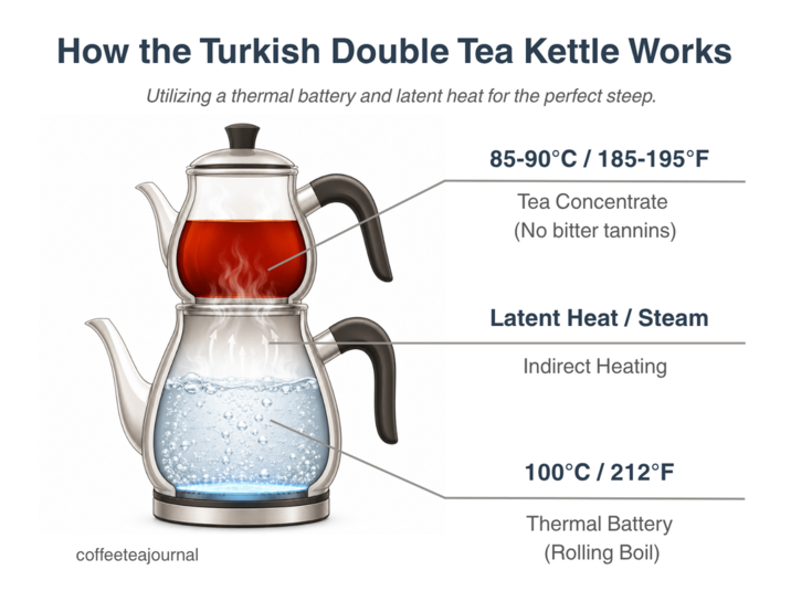 How the Turkish Double Tea Kettle Works Utilizing a thermal battery and latent heat for the perfect steep. 85-90°C/185-195°F Tea Concentrate (No bitter tannins) Latent Heat / Steam Indirect Heating coffeeteajournal 100°C/212°F Thermal Battery (Rolling Boil)