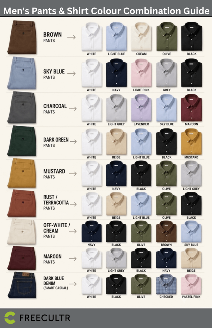 Men's Pants & Shirt Colour Combination Guide BROWN PANTS SKY BLUE PANTS CHARCOAL PANTS DARK GREEN PANTS -> MUSTARD PANTS RUST / TERRACOTTA →> PANTS OFF-WHITE / CREAM PANTS MAROON PANTS WHITE LIGHT BLUE CREAM OLIVE BLACK WHITE NAVY LIGHT PINK GREY BLACK WHITE LIGHT GREY LAVENDER SKY BLUE MAROON WHITE BEIGE LIGHT BLUE BLACK MUSTARD WHITE NAVY BLACK OLIVE LIGHT GREY WHITE BEIGE LIGHT BLUE OLIVE BLACK NAVY BLACK OLIVE BROWN SKY BLUE WHITE LIGHT GREY BLACK NAVY BEIGE DARK BLUE DENIM (SMART CASUAL) FREECULTR WHITE BLACK OLIVE CHECKED PASTEL PINK