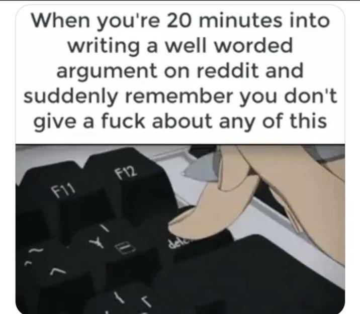 J When you're 20 minutes into writing a well worded argument on reddit and suddenly remember you don't give a f--- about any of this F12 F11 del