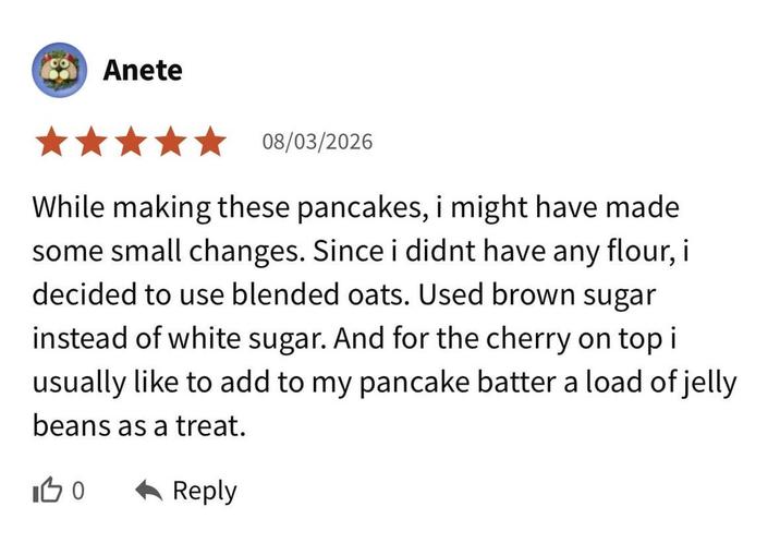 Anete 08/03/2026 While making these pancakes, i might have made some small changes. Since i didnt have any flour, i decided to use blended oats. Used brown sugar instead of white sugar. And for the cherry on top i usually like to add to my pancake batter a load of jelly beans as a treat. 100 Reply