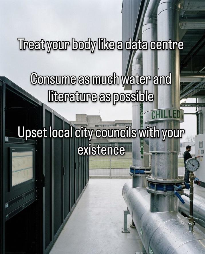 Treat your body like a data centre Consume as much water and literature as possible HELA INTER CHILLED Upset local city councils with your existence