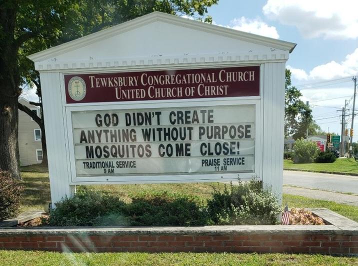 THE TEWKSBURY CONGREGATIONAL CHURCH UNITED CHURCH OF CHRIST GOD DIDN'T CREATE ANYTHING WITHOUT PURPOSE MOSQUITOS COME CLOSE! PRAISE SERVICE 11 AM TRADITIONAL SERVICE 9 AM