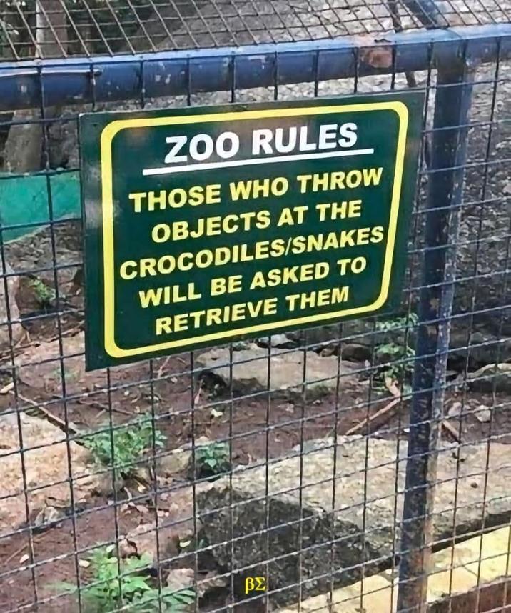 ZOO RULES THOSE WHO THROW OBJECTS AT THE CROCODILES/SNAKES WILL BE ASKED TO RETRIEVE THEM BE