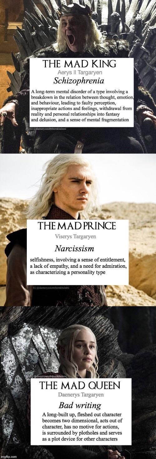 imgflip.com THE MAD KING Aerys II Targaryen Schizophrenia A long-term mental disorder of a type involving a breakdown in the relation between thought, emotion and behaviour, leading to faulty perception, inappropriate actions and feelings, withdrawal from reality and personal relationships into fantasy and delusion, and a sense of mental fragmentation IG:@daenerysstormbornikhaleesi THE MAD PRINCE Viserys Targaryen Narcissism selfishness, involving a sense of entitlement, a lack of empathy, and a need for admiration, as characterizing a personality type 10:darysimbornkhaleesi dieneryston omkhaleesi THE MAD QUEEN Daenerys Targaryen Bad writing A long-built up, fleshed out character becomes two dimensional, acts out of character, has no motive for actions, is surrounded by plotholes and serves as a plot device for other characters