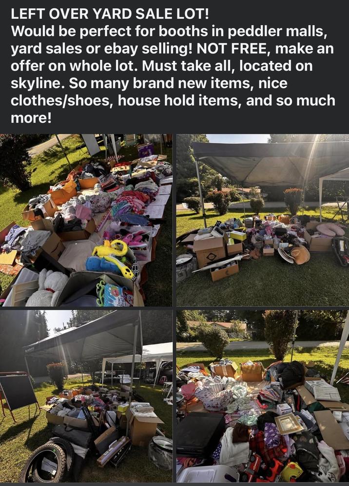 Academy LEFT OVER YARD SALE LOT! Would be perfect for booths in peddler malls, yard sales or ebay selling! NOT FREE, make an offer on whole lot. Must take all, located on skyline. So many brand new items, nice clothes/shoes, house hold items, and so much more!