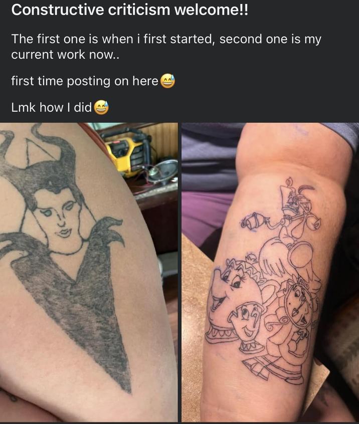 Constructive criticism welcome!! The first one is when i first started, second one is my current work now.. first time posting on here Lmk how I did