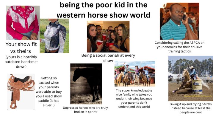 being the poor kid in the western horse show world Your show fit vs theirs (yours is a horribly outdated hand-me- down) Being a social pariah at every show Considering calling the ASPCA on your enemies for their abusive training tactics Getting so excited when your parents were able to buy you a used show saddle (it has silver!!) Depressed horses who are truly broken in spririt The super knowledgeable nice family who takes you under their wing because your parents don't understand this world Coors RichardFieldLevine.com Giving it up and trying barrels instead because at least the people are cool