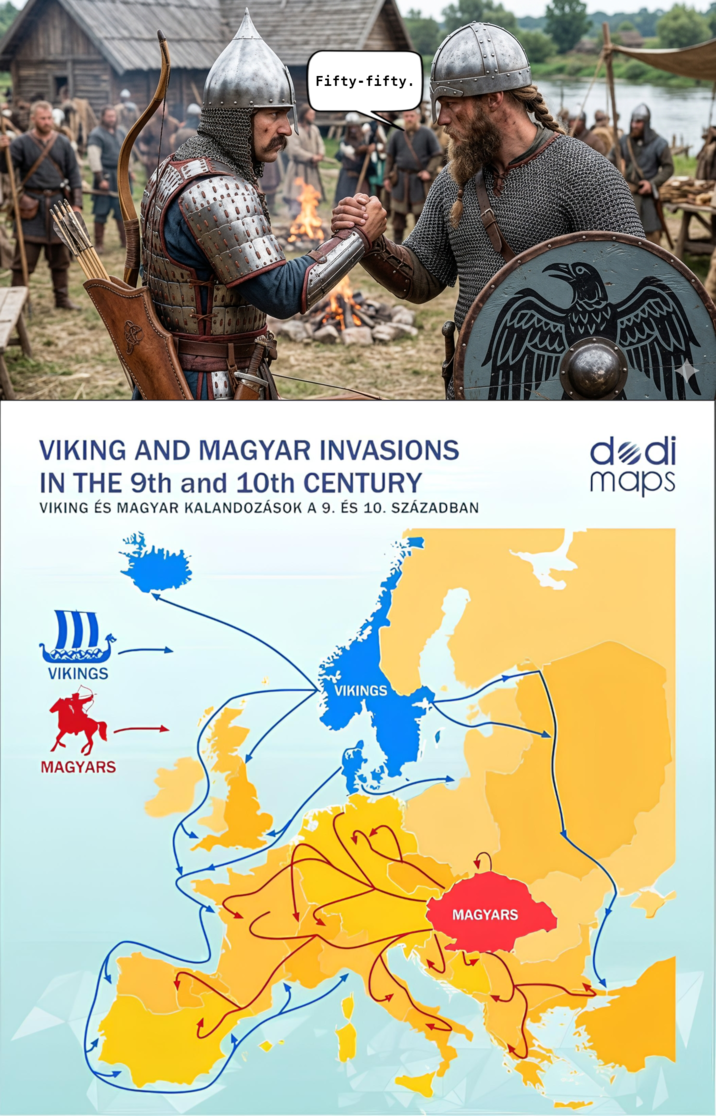 Fifty-fifty. VIKING AND MAGYAR INVASIONS IN THE 9th and 10th CENTURY VIKING ÉS MAGYAR KALANDOZÁSOK A 9. ÉS 10. SZÁZADBAN dodi maps M VIKINGS VIKINGS MAGYARS MAGYARS