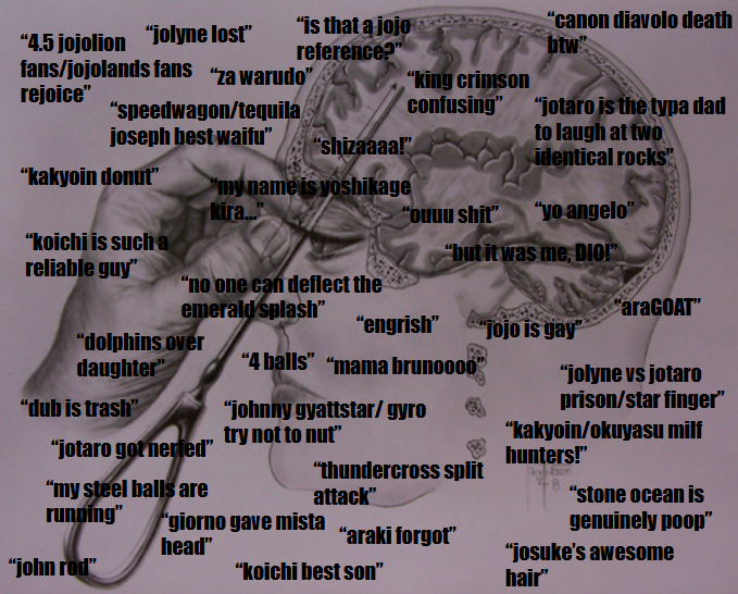 "is that a jojo an reference?" "4.5 jojolion "jolyne lost" fans/jojolands fans "za warudo" rejoice" "speedwagon/tequila joseph best waifu" “king crimson confusing" "canon diavolo death btw" "jotaro is the typa dad to laugh at two "shizaaaa!" identical rocks "kakyoin donut" "my name is yoshikage kira... "ouuu s---" "yo angelo" "Koichi is such a "but it was me, DIO!" reliable guy" "no one can deflect the emerald splash" "araGOAT" "engrish" "jojo is gay" "dolphins over daughter" "4 balls" "mama brunoooo" “jolyne vs jotaro "dub is trash" "johnny gyattstar/gyro try not to nut" prison/star finger" "kakyoin/okuyasu milf "jotaro got nerfed" hunters!" "thundercross split "my steel balls are attack" "stone ocean is running" "giorno gave mista genuinely poop" "araki forgot" head" "josuke's awesome "john rod" "Koichi best son❞ hair"