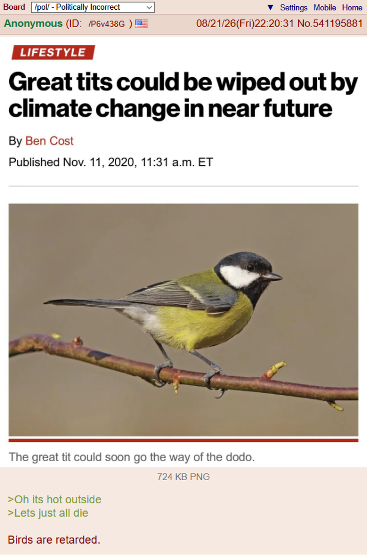 Board /pol/ - Politically Incorrect Settings Mobile Home Anonymous (ID: /P6v438G ) 08/21/26(Fri)22:20:31 No.541195881 LIFESTYLE Great t--- could be wiped out by climate change in near future By Ben Cost Published Nov. 11, 2020, 11:31 a.m. ET The great t-- could soon go the way of the dodo. >Oh its hot outside >Lets just all die Birds are retarded. 724 KB PNG