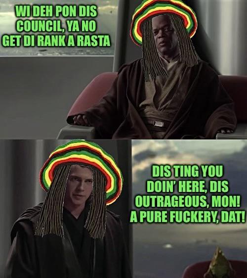 WI DEH PON DIS COUNCIL, YA NO GET DI RANK A RASTA DISTING YOU DOIN' HERE, DIS OUTRAGEOUS, MON! A PURE FUCKERY, DAT!
