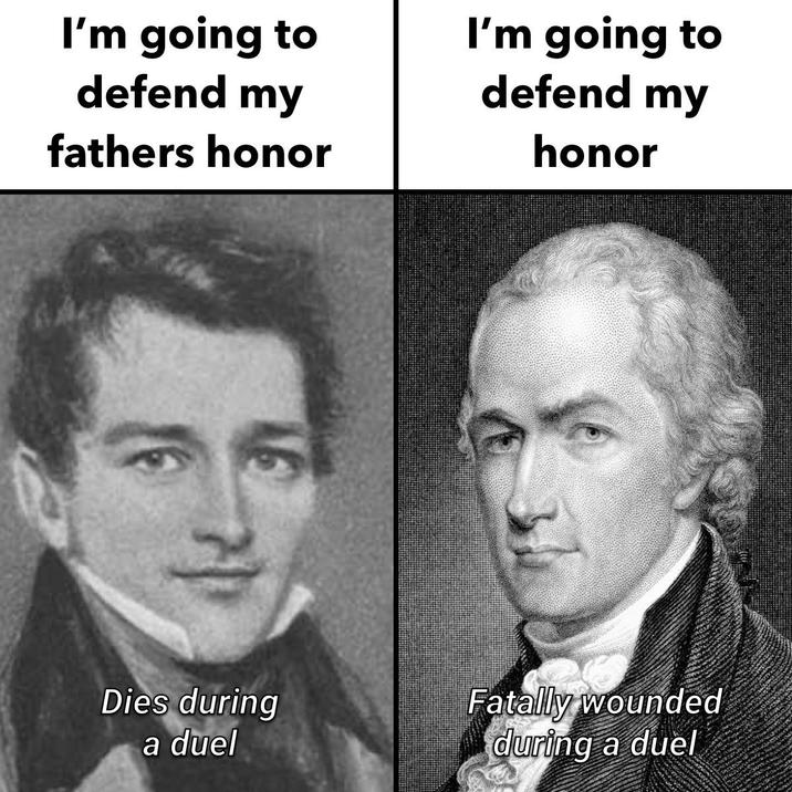 I'm going to defend my fathers honor I'm going to defend my honor 7) Dies during a duel Fatally wounded during a duel