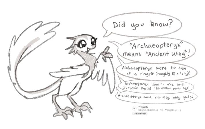 SomberPaw Did you know? ми "Archaeopteryx" means "Ancient Wing"! Archaeopteryx were the size of a magpie (roughly 18 in long)! Archaeopteryx lived in the late Jurassic Period 150 million years ago! Archaeopteryx could not fly, only glide! Wikipedia W https://en.wikipedia.org> wiki > Archaeopteryx You visit often