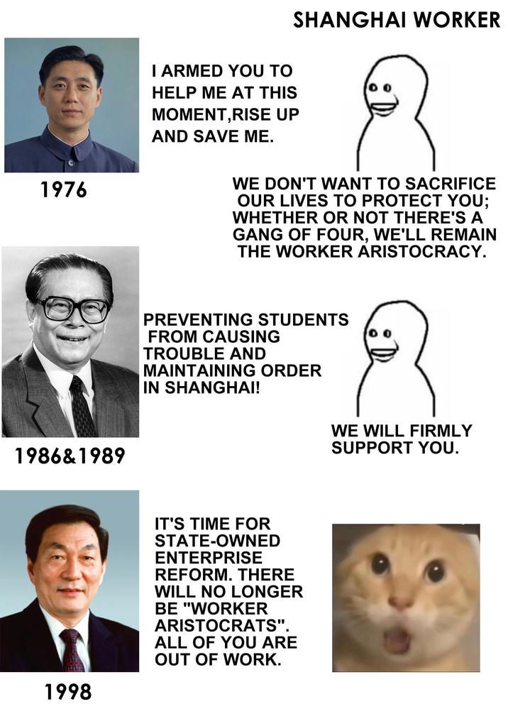 1976 1986&1989 1998 I ARMED YOU TO HELP ME AT THIS MOMENT, RISE UP AND SAVE ME. SHANGHAI WORKER WE DON'T WANT TO SACRIFICE OUR LIVES TO PROTECT YOU; WHETHER OR NOT THERE'S A GANG OF FOUR, WE'LL REMAIN THE WORKER ARISTOCRACY. PREVENTING STUDENTS FROM CAUSING TROUBLE AND MAINTAINING ORDER IN SHANGHAI! IT'S TIME FOR STATE-OWNED ENTERPRISE REFORM. THERE WILL NO LONGER BE "WORKER ARISTOCRATS". ALL OF YOU ARE OUT OF WORK. WE WILL FIRMLY SUPPORT YOU.
