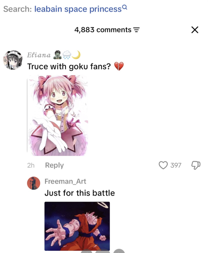 Search: leabain space princess 4,883 comments = ☑ Eliana Truce with goku fans? 2h Reply 7 Freeman_Art Just for this battle 397