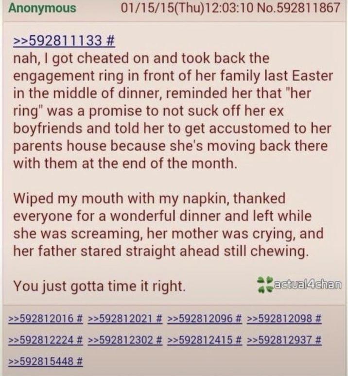 Anonymous >>592811133 # 01/15/15(Thu)12:03:10 No.592811867 nah, I got cheated on and took back the engagement ring in front of her family last Easter in the middle of dinner, reminded her that "her ring" was a promise to not suck off her ex boyfriends and told her to get accustomed to her parents house because she's moving back there with them at the end of the month. Wiped my mouth with my napkin, thanked everyone for a wonderful dinner and left while she was screaming, her mother was crying, and her father stared straight ahead still chewing. actual4chan You just gotta time it right. >>592812016 # >>592812021 # >>592812096 # >>592812098 # >>592812224 # >>592812302 # >>592812415 # >>592812937 # >>592815448 #