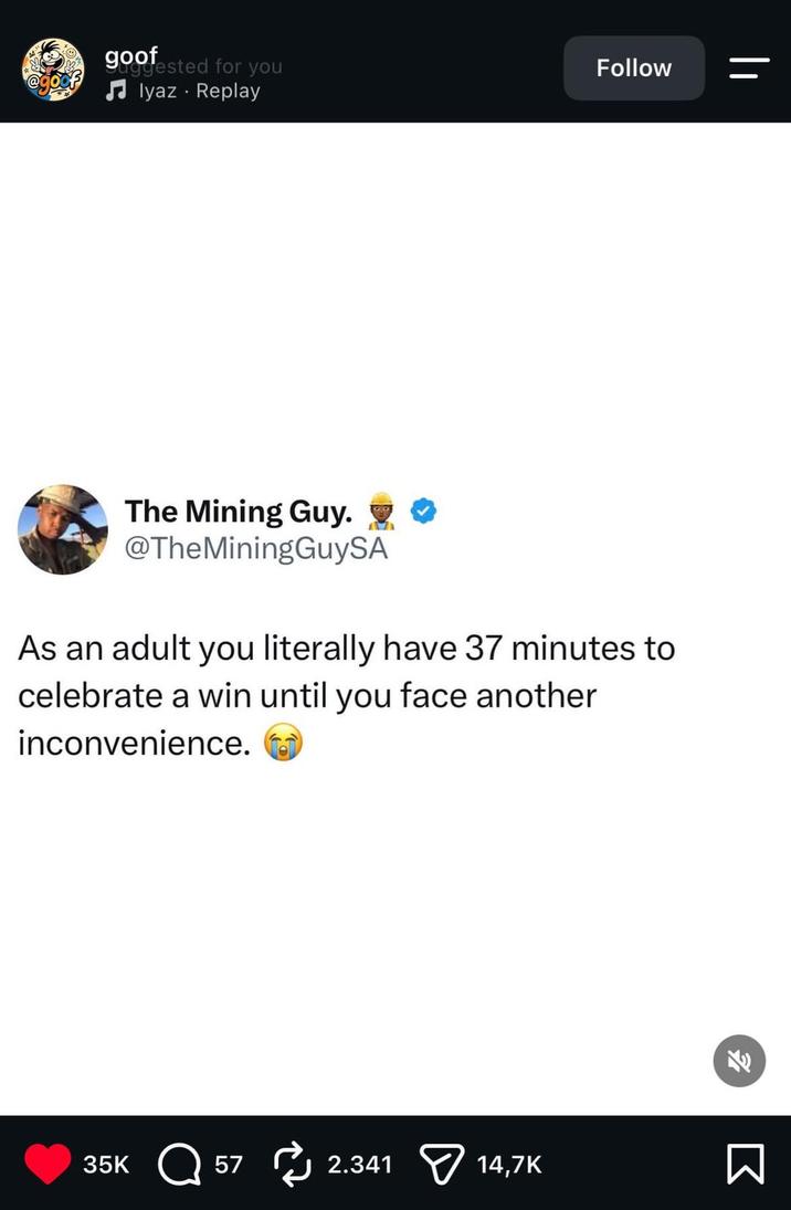 @g goofested for you Iyaz Replay The Mining Guy. @TheMiningGuySA As an adult you literally have 37 minutes to celebrate a win until you face another inconvenience. 35K 57 2.341 14,7K Σ Follow