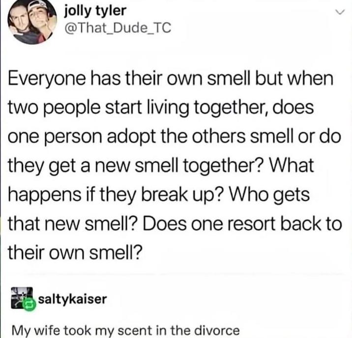 jolly tyler @That Dude TC Everyone has their own smell but when two people start living together, does one person adopt the others smell or do they get a new smell together? What happens if they break up? Who gets that new smell? Does one resort back to their own smell? saltykaiser My wife took my scent in the divorce