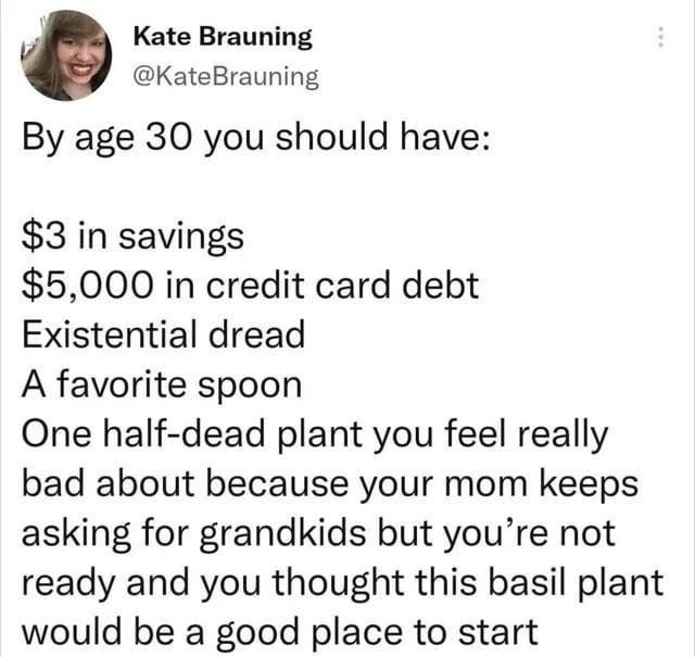 Kate Brauning @KateBrauning By age 30 you should have: $3 in savings $5,000 in credit card debt Existential dread A favorite spoon One half-dead plant you feel really bad about because your mom keeps asking for grandkids but you're not ready and you thought this basil plant would be a good place to start