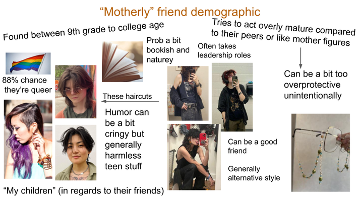 "Motherly" friend demographic Found between 9th grade to college age Prob a bit bookish and naturey Tries to act overly mature compared to their peers or like mother figures Often takes leadership roles 88% chance they're queer These haircuts Humor can be a bit cringy but generally harmless teen stuff "My children" (in regards to their friends) Can be a good friend Generally alternative style Can be a bit too overprotective unintentionally