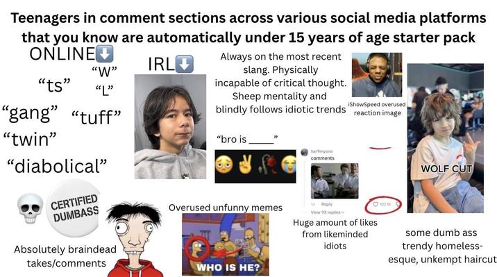Teenagers in comment sections across various social media platforms that you know are automatically under 15 years of age starter pack ONLINE↓ Always on the most recent "W" "ts" "L" "gang" "tuff" "twin" "diabolical" CERTIFIED DUMBASS Absolutely braindead takes/comments IRL slang. Physically incapable of critical thought. Sheep mentality and iShowSpeed overused blindly follows idiotic trends reaction image "bro is Overused unfunny memes WHO IS HE? har9myone comments 1d Reply View 93 replies Huge amount of likes from likeminded idiots 102.1K WOLF CUT some dumb ass trendy homeless- esque, unkempt haircut