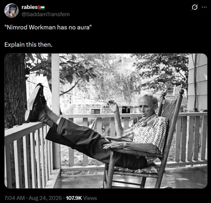 rabies @SaddamTransfem "Nimrod Workman has no aura" Explain this then. 0 7:04 AM · Aug 24, 2026 107.9K Views
