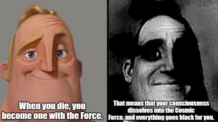 When you die, you become one with the Force. imghip.com That means that your consciousness dissolves into the Cosmic Force, and everything goes black for you.